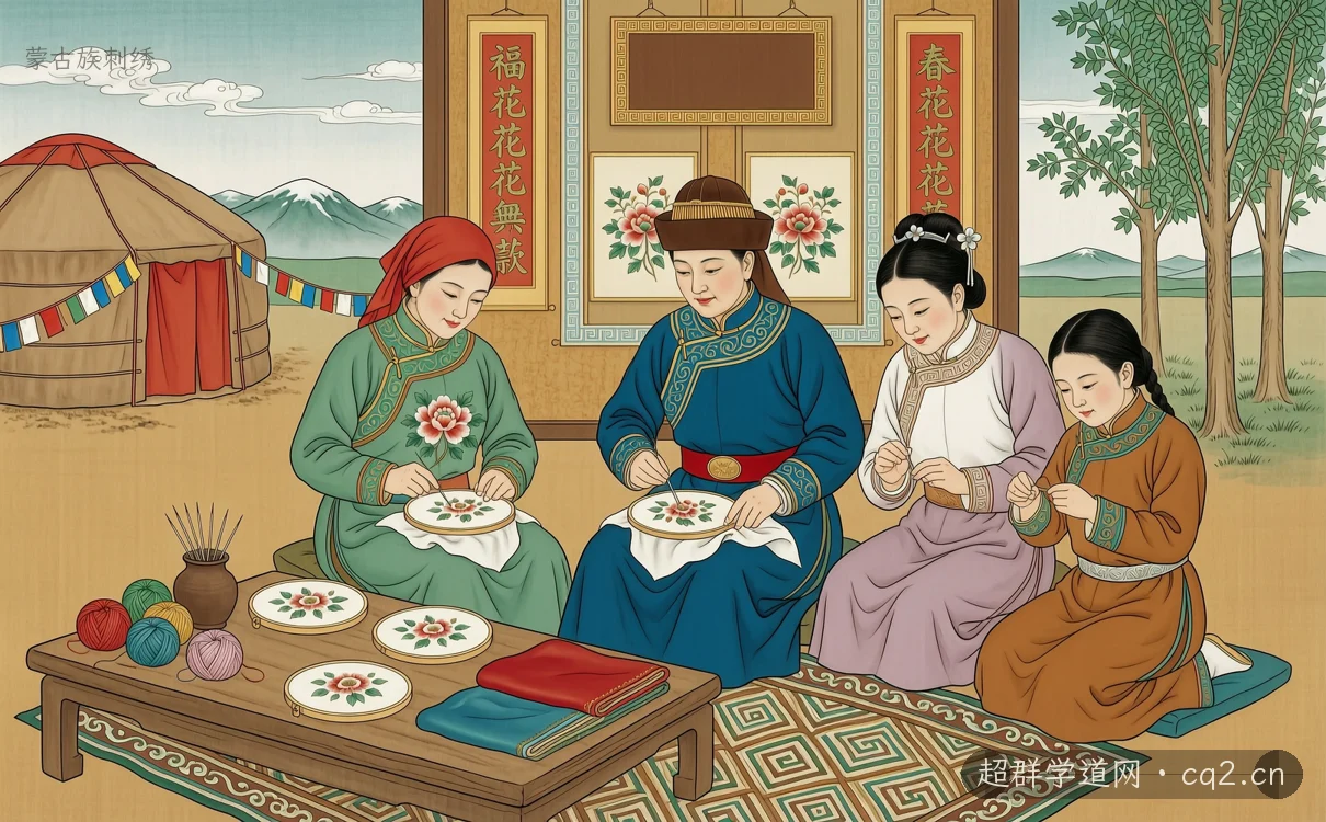 蒙古族刺绣（AI 生成意境插图）