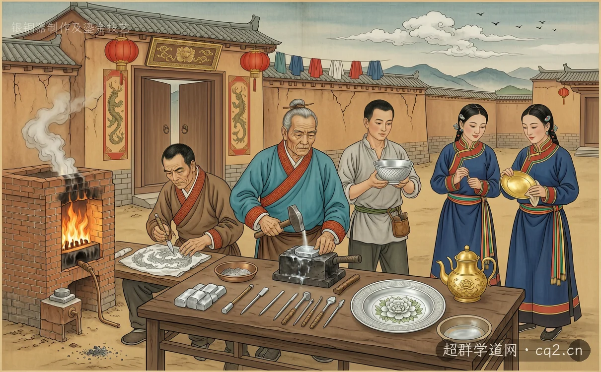 银铜器制作及鎏金技艺（AI 生成意境插图）