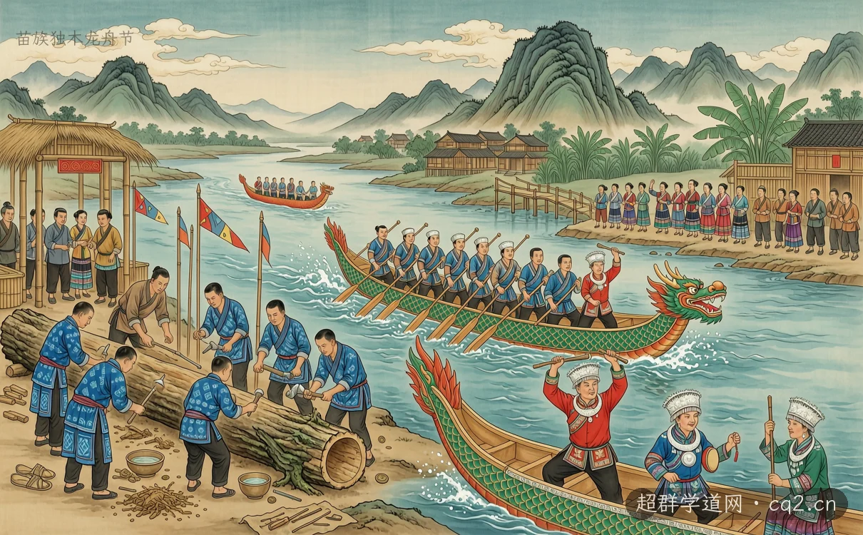 苗族独木龙舟节（AI 生成意境插图）