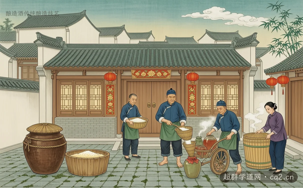 釀造酒傳統釀造技藝（AI 生成意境插圖）