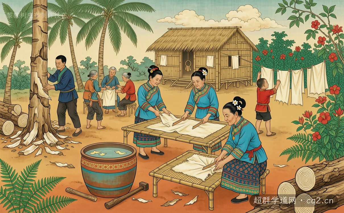 黎族树皮布制作技艺（AI 生成意境插图）