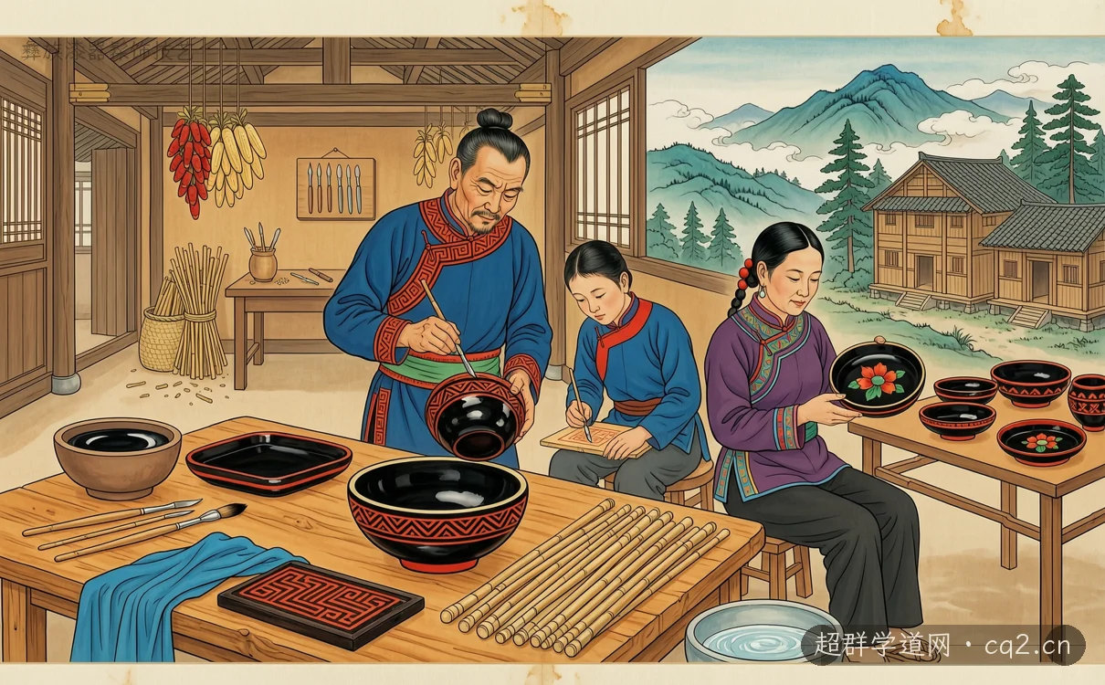 彝族漆器髹饰技艺（AI 生成意境插图）