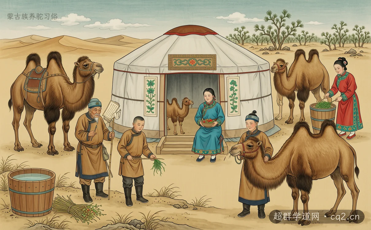 蒙古族养驼习俗（AI 生成意境插图）