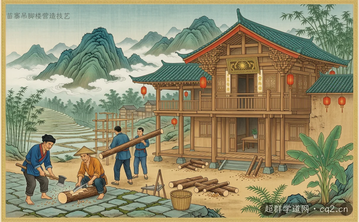 苗寨吊脚楼营造技艺（AI 生成意境插图）