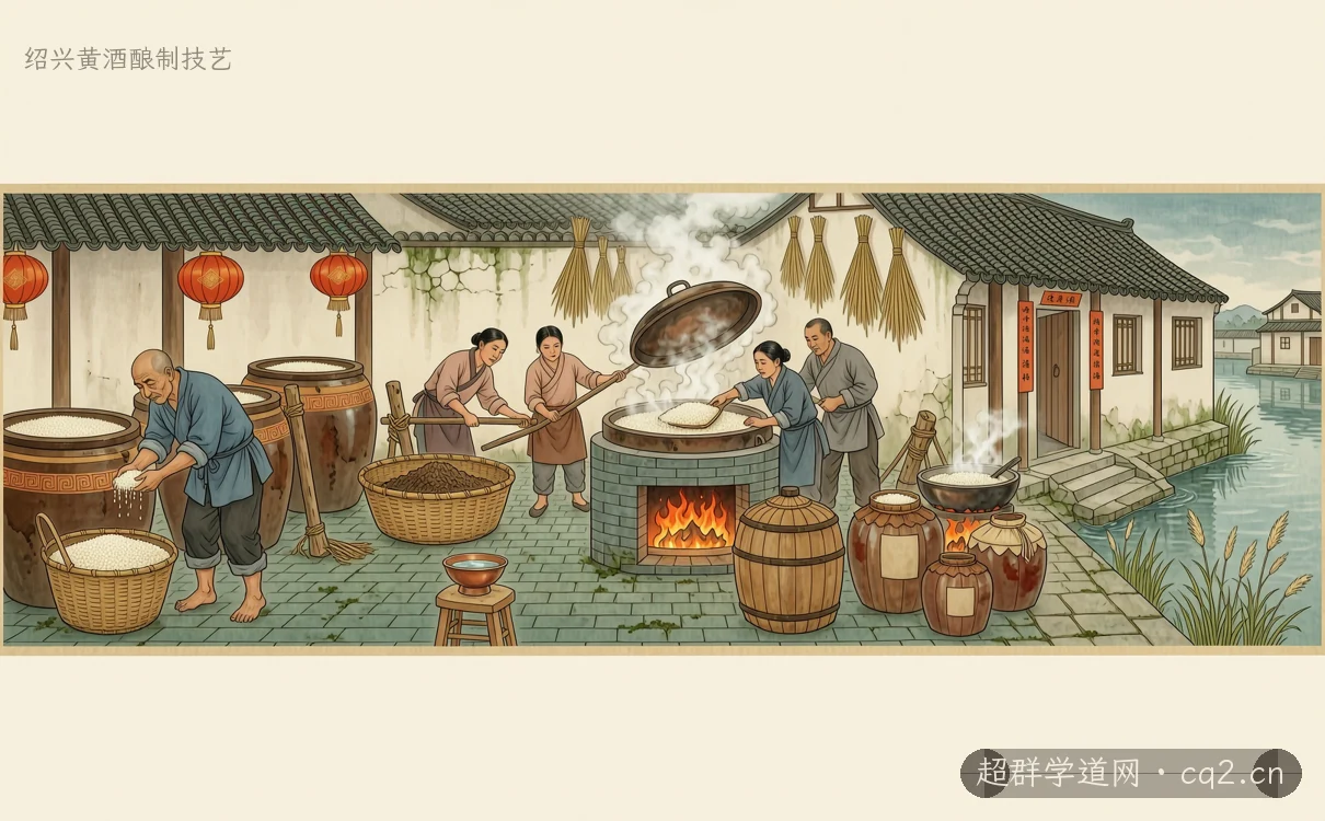 绍兴黄酒酿制技艺（AI 生成意境插图）