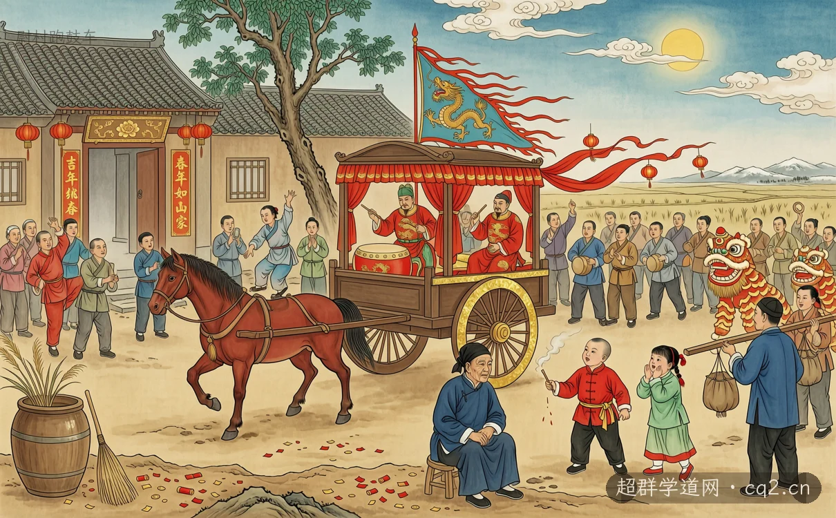 尉村跑鼓车（AI 生成意境插图）