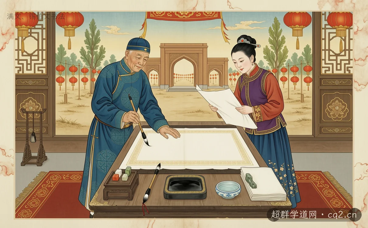 满文、锡伯文书法（AI 生成意境插图）