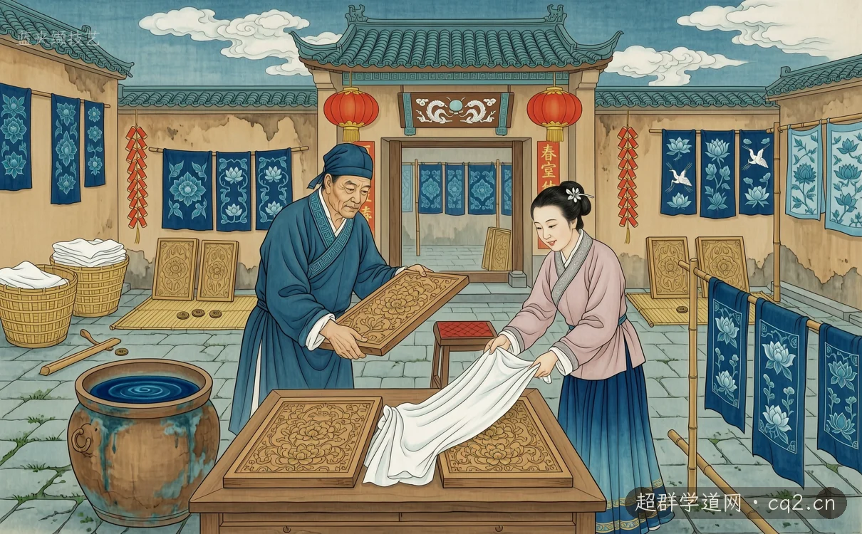 蓝夹缬技艺（AI 生成意境插图）