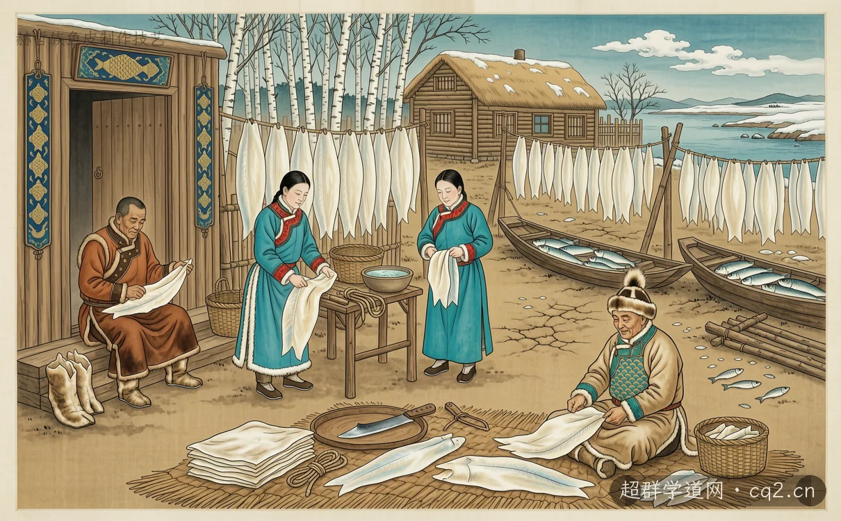 赫哲族鱼皮制作技艺（AI 生成意境插图）