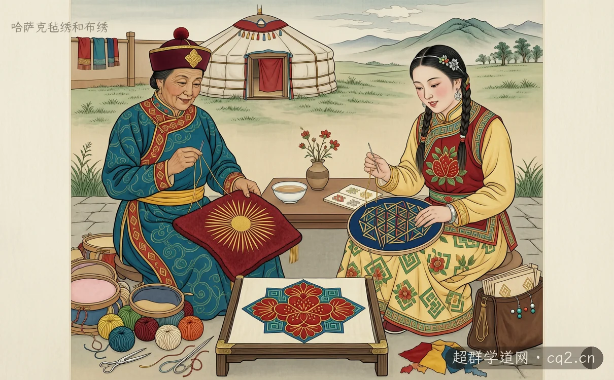 哈萨克毡绣和布绣（AI 生成意境插图）