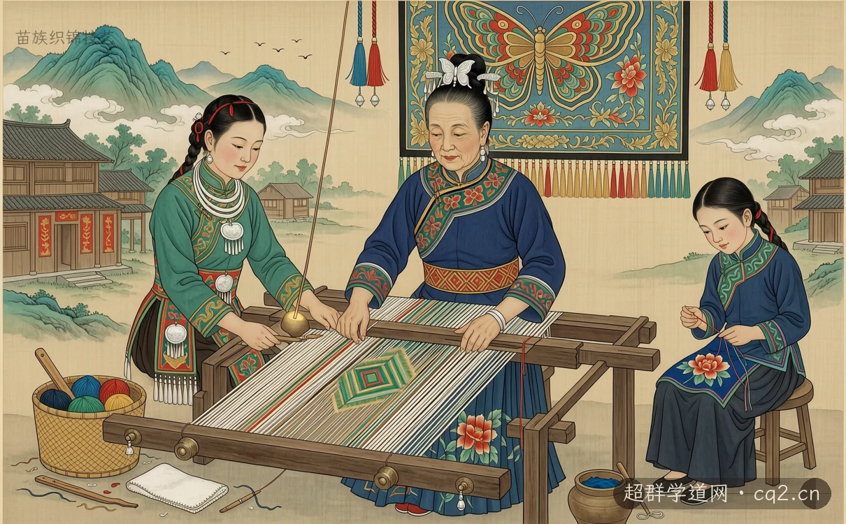苗族织锦技艺（AI 生成意境插图）