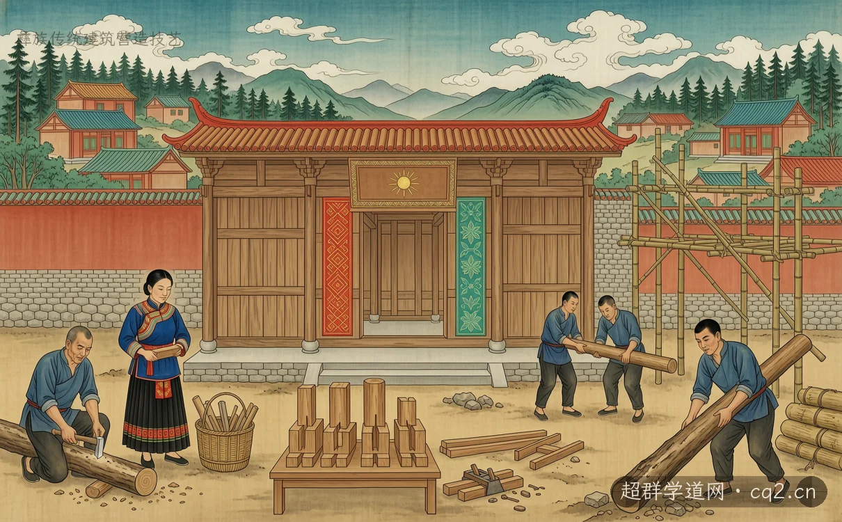 彝族传统建筑营造技艺（AI 生成意境插图）