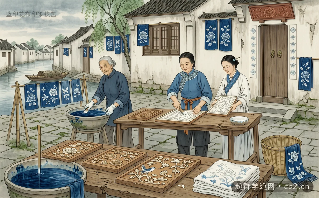 蓝印花布印染技艺（AI 生成意境插图）