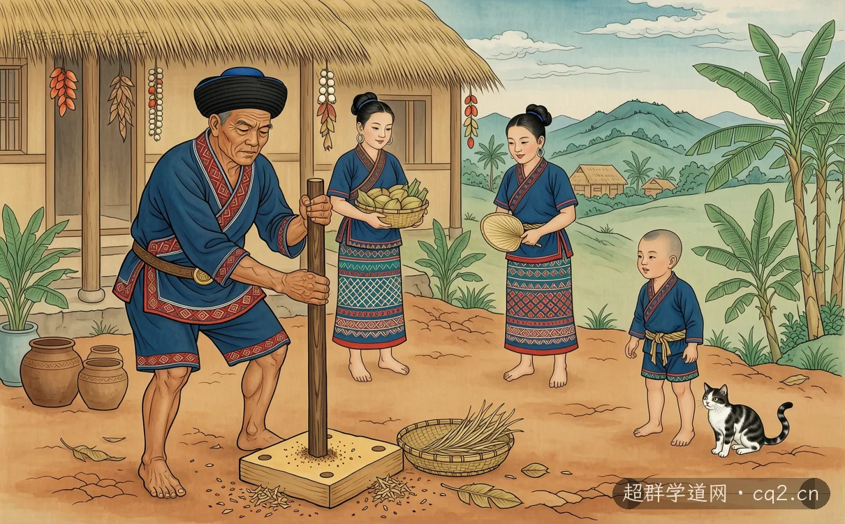 黎族钻木取火技艺（AI 生成意境插图）