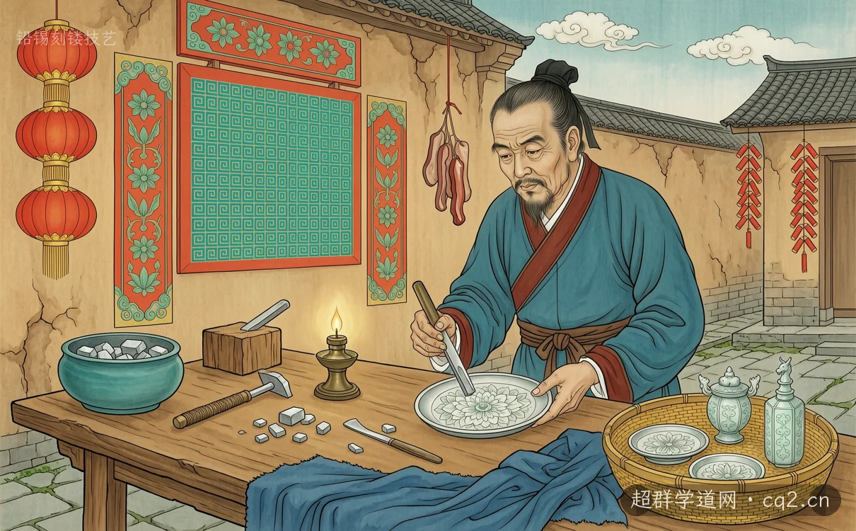 铅锡刻镂技艺（AI 生成意境插图）
