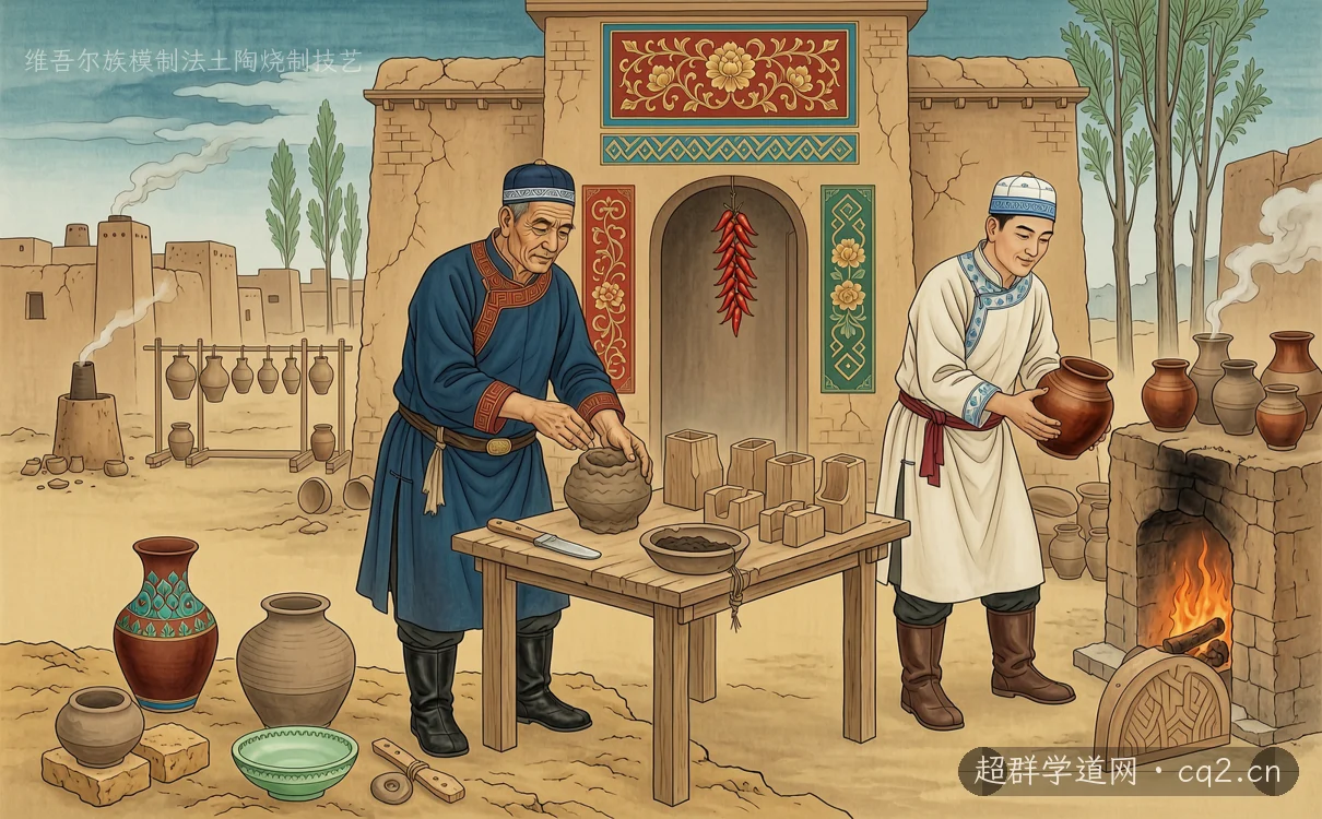 维吾尔族模制法土陶烧制技艺（AI 生成意境插图）