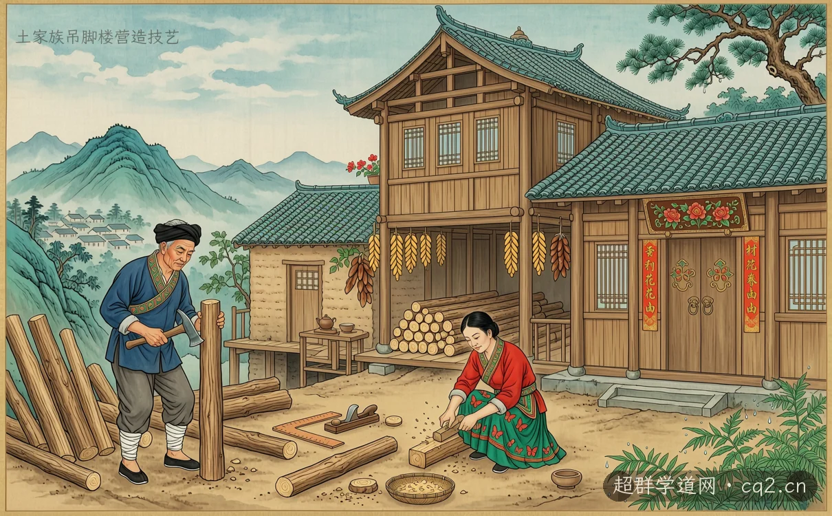 土家族吊脚楼营造技艺（AI 生成意境插图）