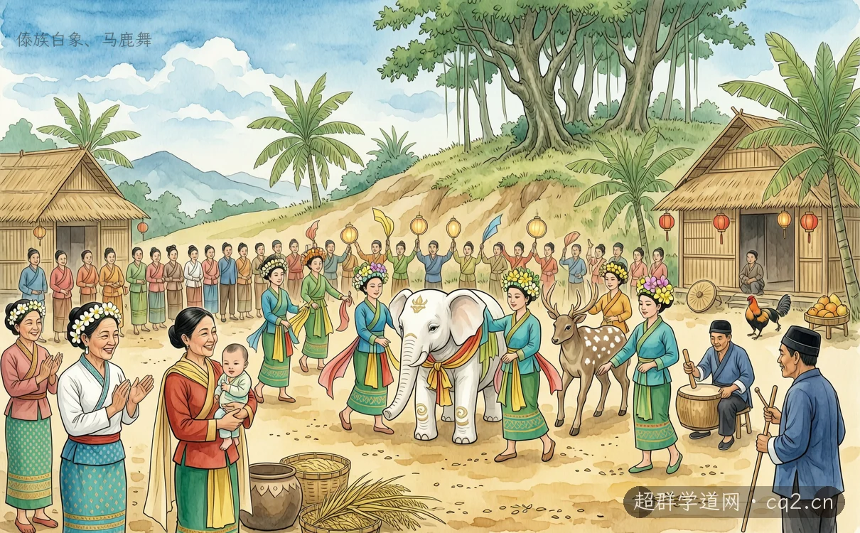 傣族白象、馬鹿舞（AI 生成意境插圖）