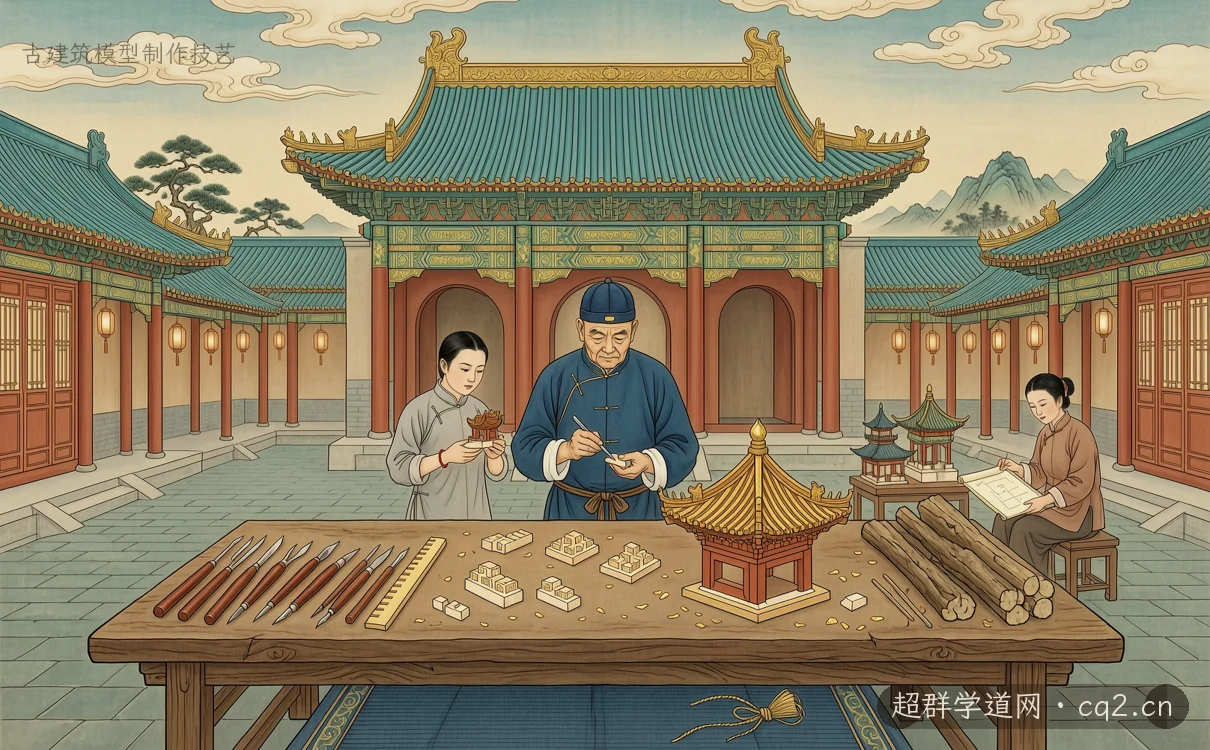 古建築模型製作技藝（AI 生成意境插圖）