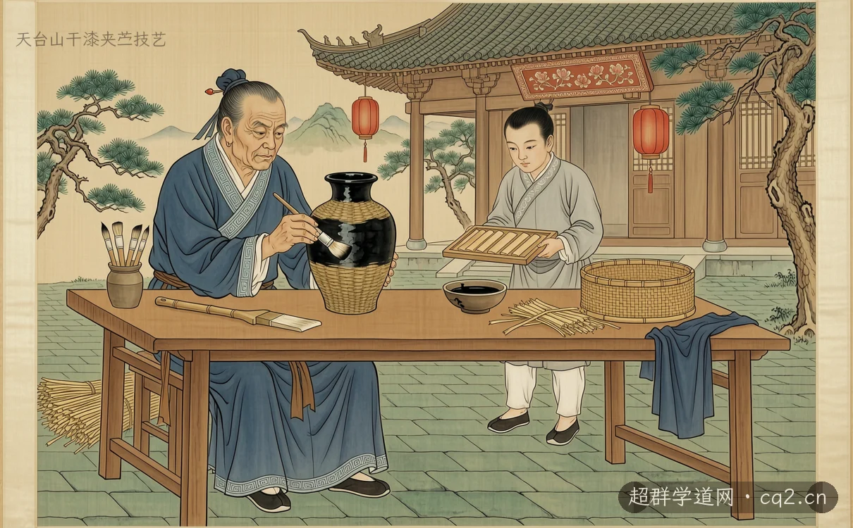 天台山干漆夹苎技艺（AI 生成意境插图）