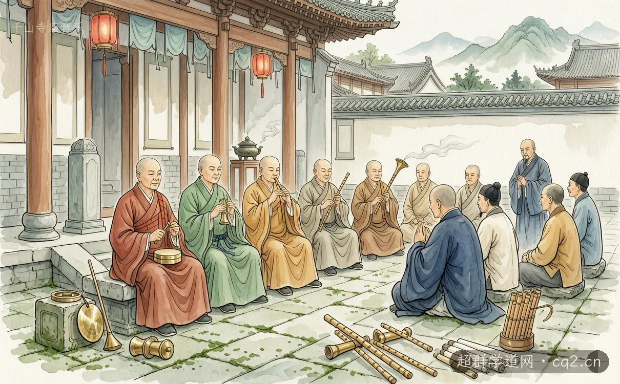 千山寺廟音樂（AI 生成意境插圖）