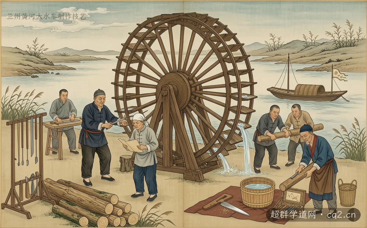 蘭州黃河大水車製作技藝（AI 生成意境插圖）