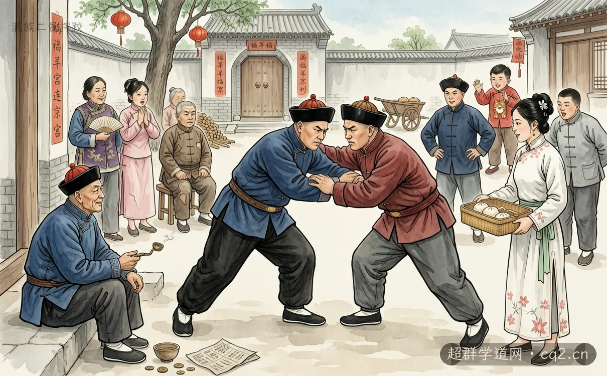 满族二贵摔跤（AI 生成意境插图）