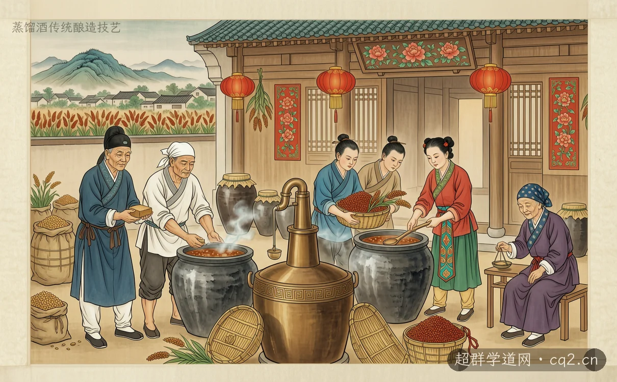 蒸餾酒傳統釀造技藝（AI 生成意境插圖）