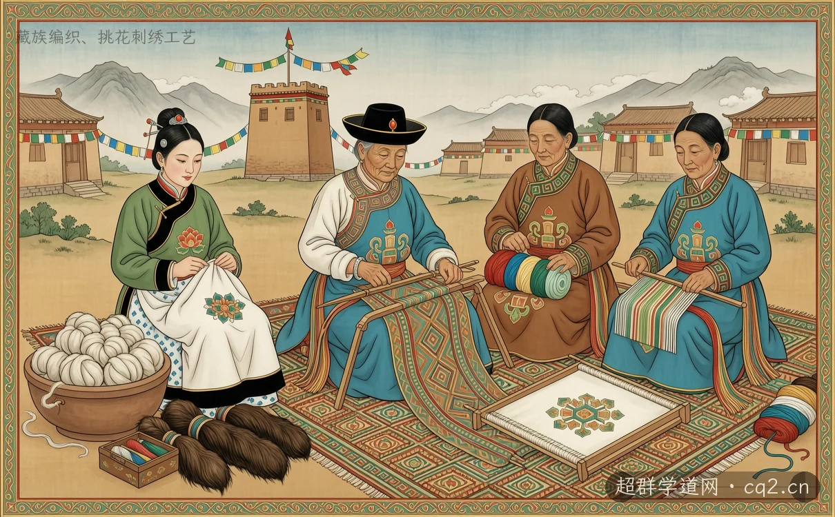 藏族编织、挑花刺绣工艺（AI 生成意境插图）