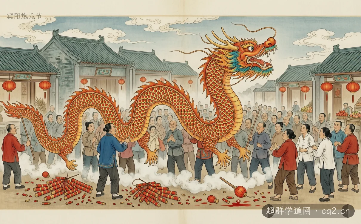 宾阳炮龙节（AI 生成意境插图）
