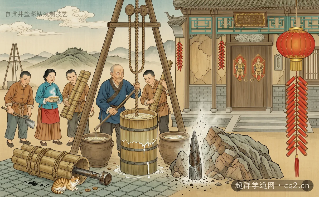 自贡井盐深钻汲制技艺（AI 生成意境插图）