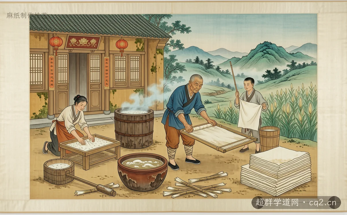 麻纸制作技艺（AI 生成意境插图）