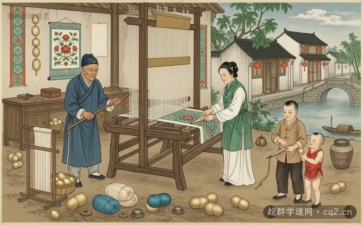 蚕丝织造技艺（AI 生成意境插图）