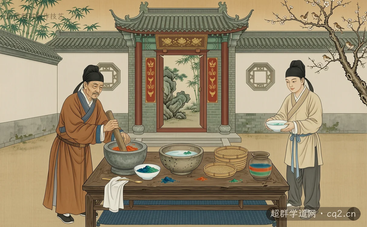 國畫顏料製作技藝（AI 生成意境插圖）