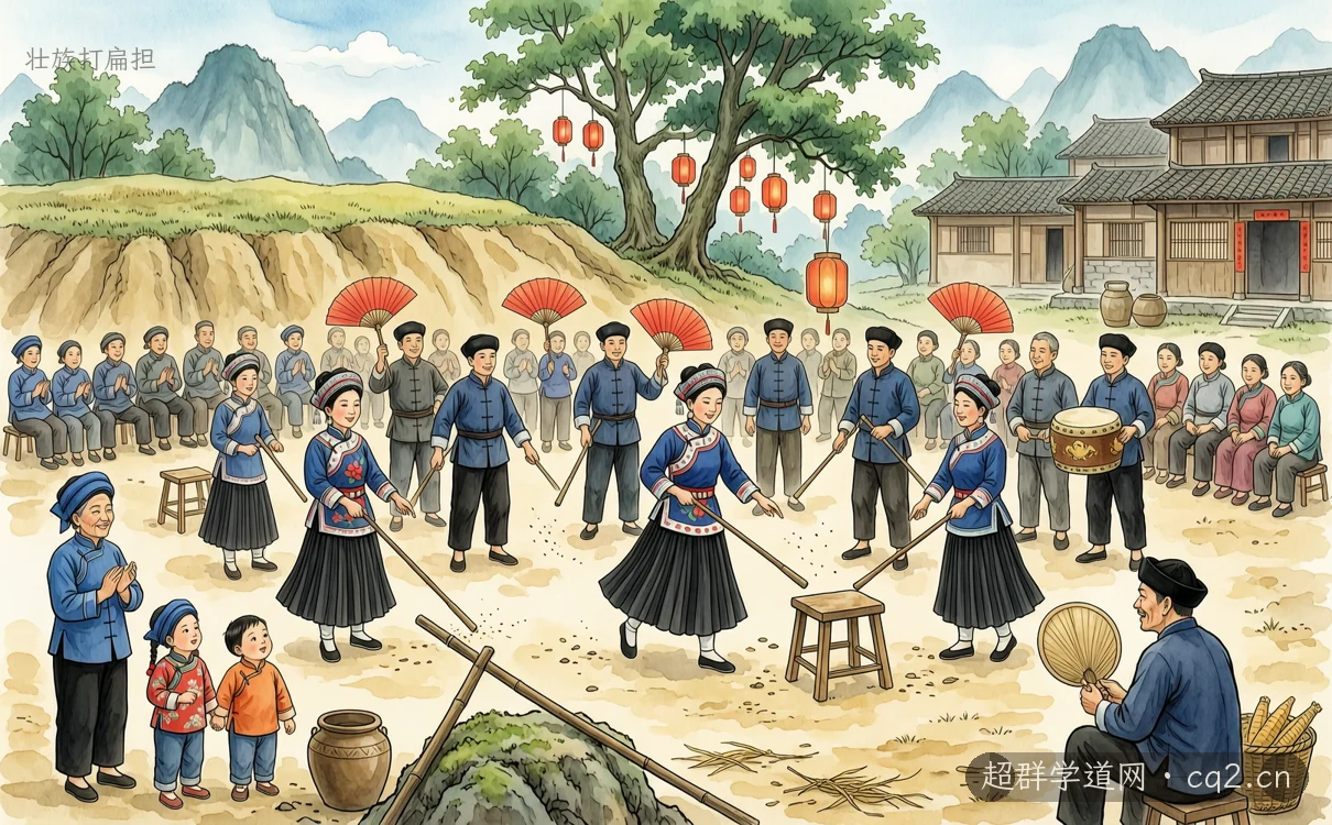 壯族打扁擔（AI 生成意境插圖）