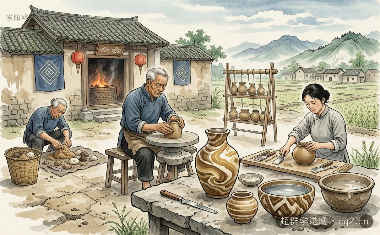 當陽峪絞胎瓷燒製技藝（AI 生成意境插圖）