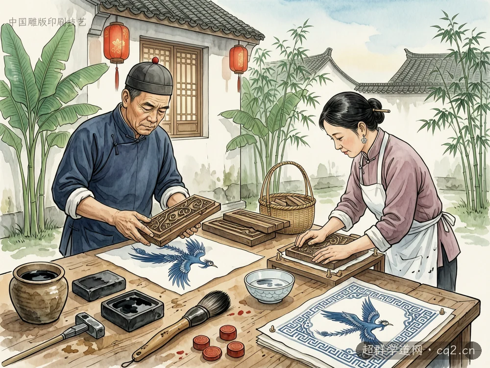 中國雕版印刷技藝（AI 生成意境插圖）