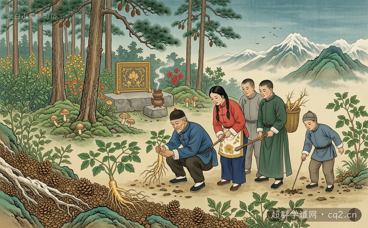 長白山採參習俗（AI 生成意境插圖）