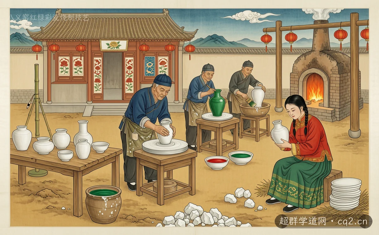 八义窑红绿彩瓷烧制技艺（AI 生成意境插图）