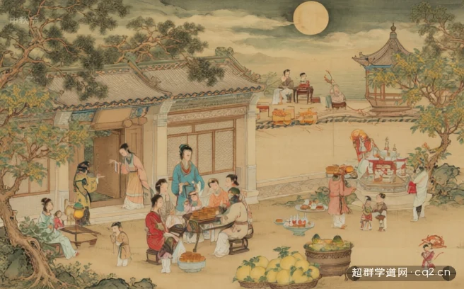 中秋夜：家人團聚賞月、祭月與月餅柚子（AI 生成意境插圖）