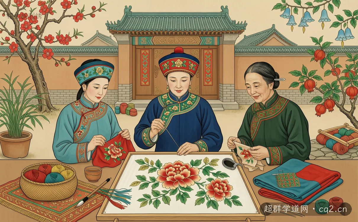 锡伯族刺绣（AI 生成意境插图）